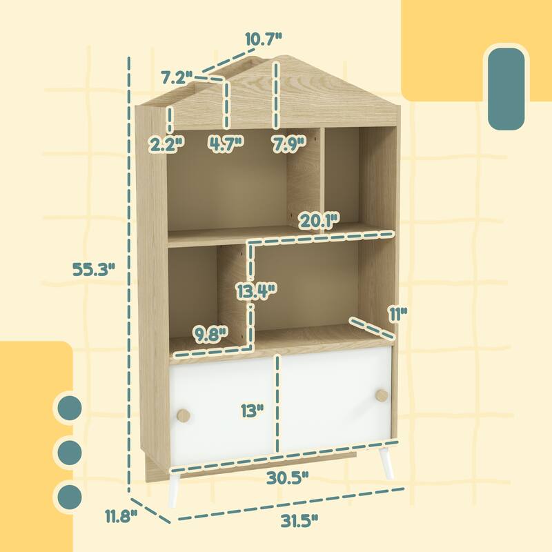 Children's MDF and Pine Wood Bookshelf with Anti-Tip Design Ideal for Playroom or Bedroom - 31.5" L x 11.8" W x 55.3" H