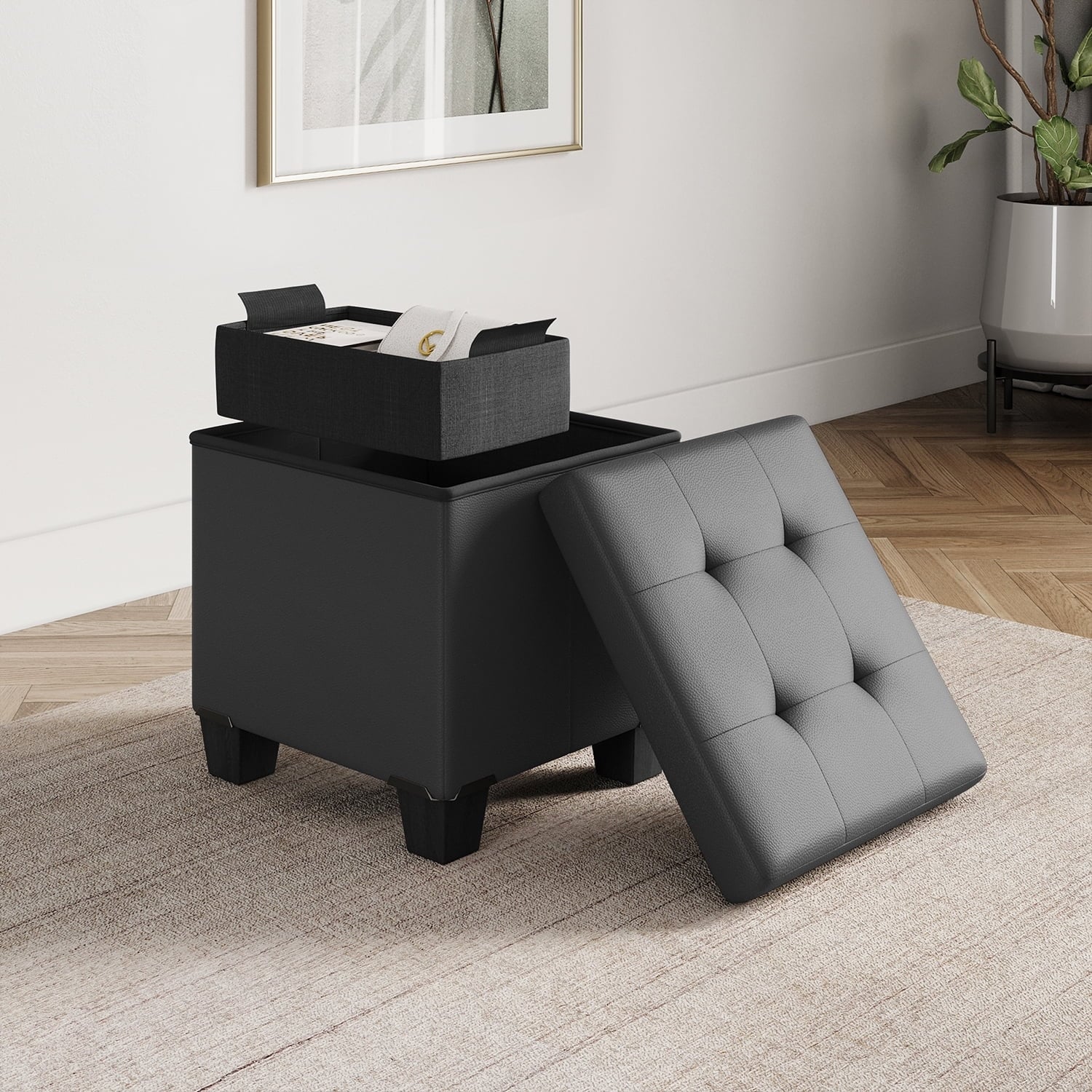 15-inch Folding Storage Ottoman Bench with Removable Bins, Adjustable Height, Gray Leather Foot Rest