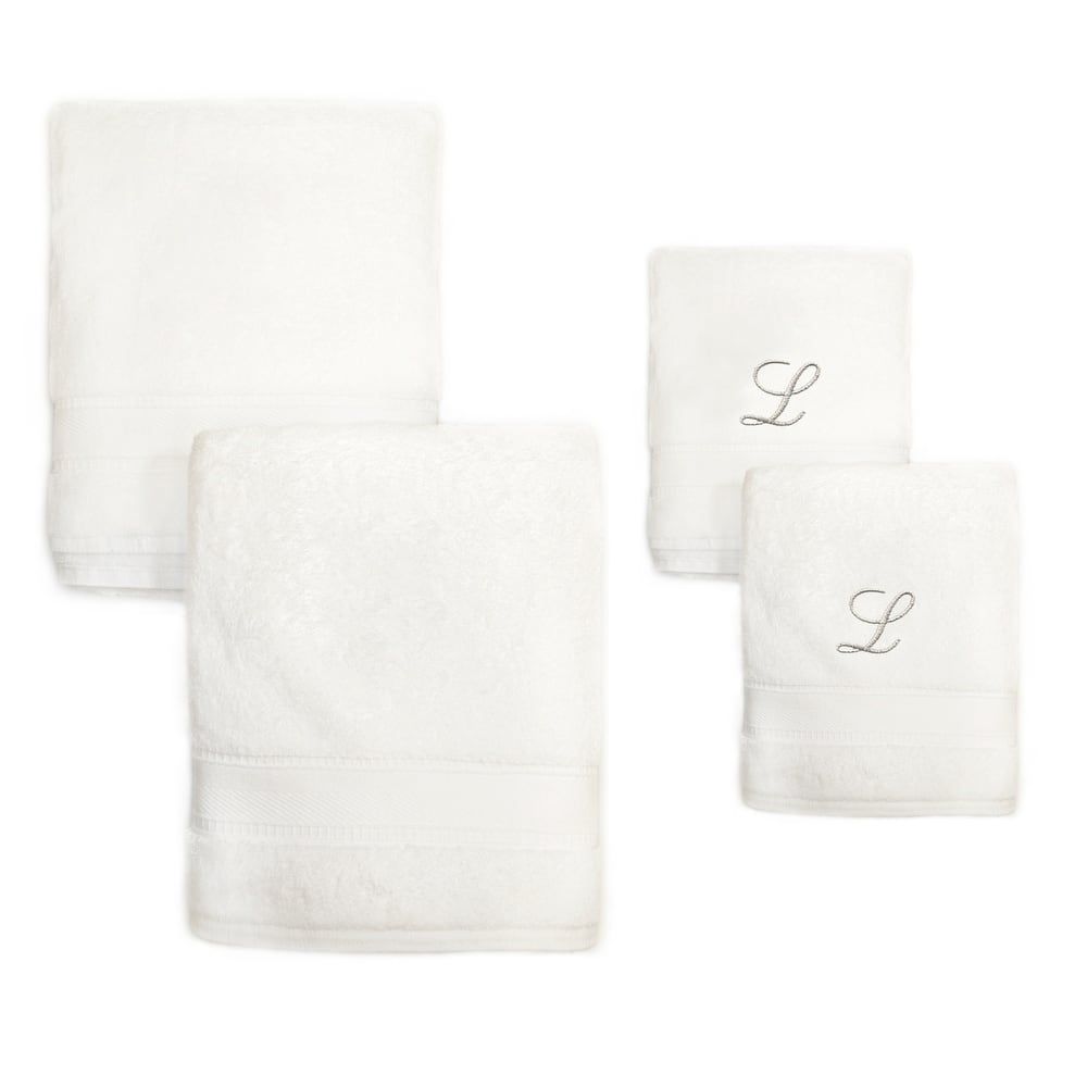 Authentic Hotel and Spa 4-piece White Turkish Cotton Towel Set with Silver Script Monogrammed Initial