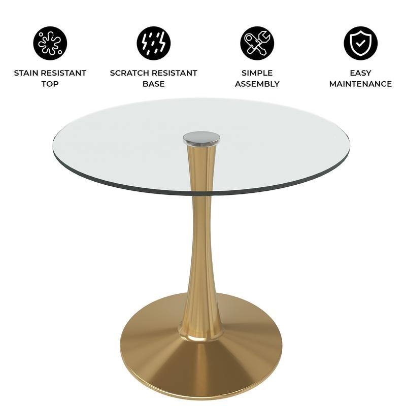 Bristol Modern Contemporary Round Dining Table with Glass Top and Steel Pedestal Base for Kitchen and Dining Room