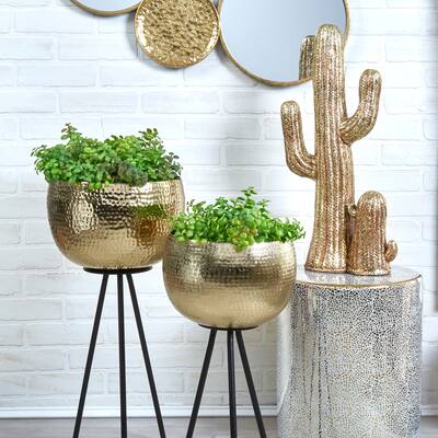 Set of 2 Hammered Honeycomb Bowl Planters, Home or Office Use, Gold and Black, 12 L x 12 W x 26 H - 12" x 12" x 26"