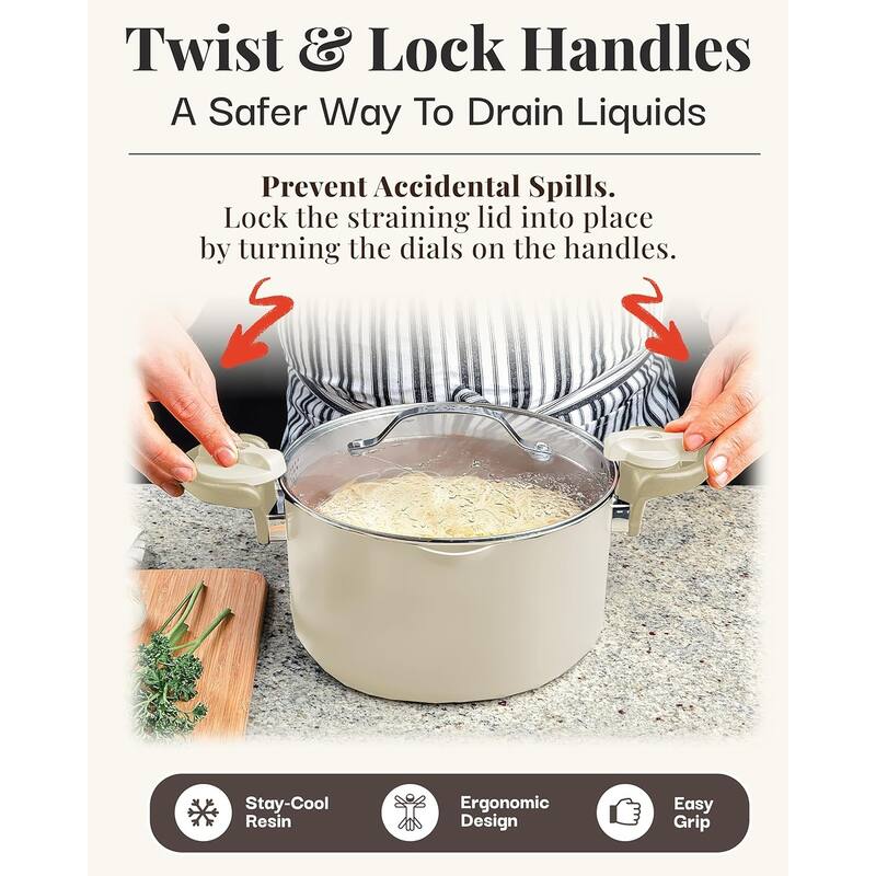 Gotham Steel 5 QT Nonstick Multi Purpose Pasta Pot with Twist and Lock Handles, Cream