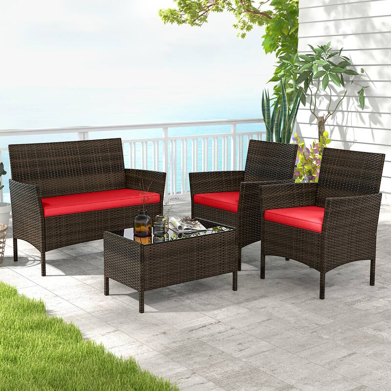Gymax 4 PCS Patio Furniture Set w/Washable Cushions & Tempered Glass