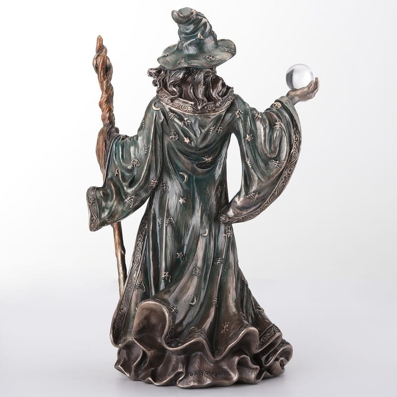 8.07 inches Height Cold Cast Bronze Wizard Holding Crystal Ball and Staff Bronze Finish Figurine