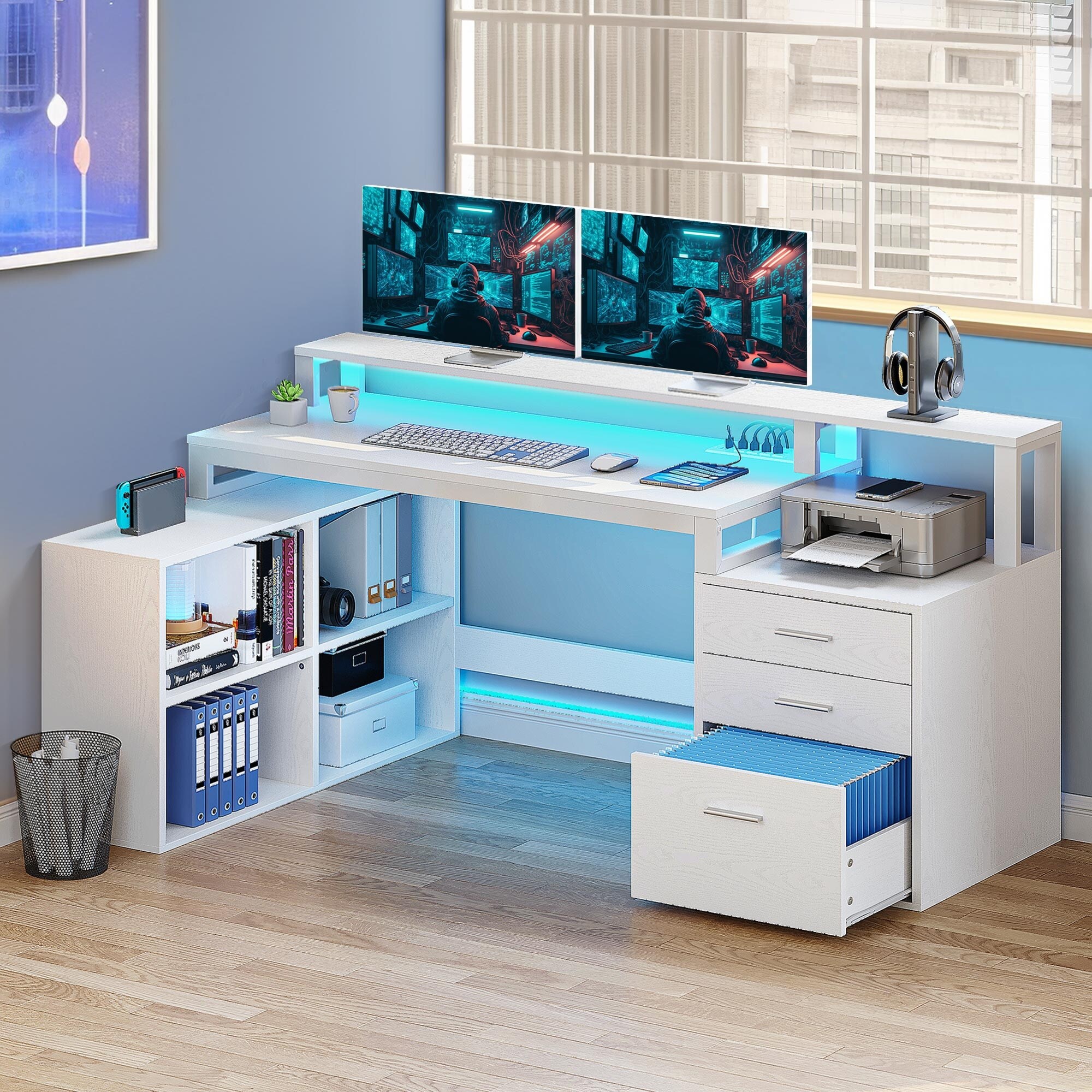 Moasis 65 inch L Shaped Computer Office Desk with Cabinet Drawers Gaming Desk w Power Outlets LED Lights