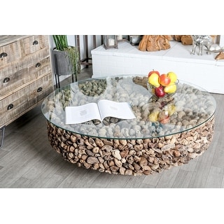 Brown Driftwood Handmade Collage and Pedestal Base Coffee Table with Tempered Glass Top - 48" round x 16"