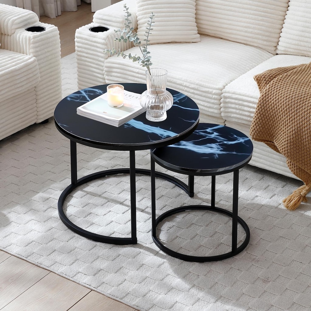Set 2 Coffee Table Nesting Black top Black Frame Circular Round and Marble Pattern Wooden Tables, Living Room Bedroom Apartment