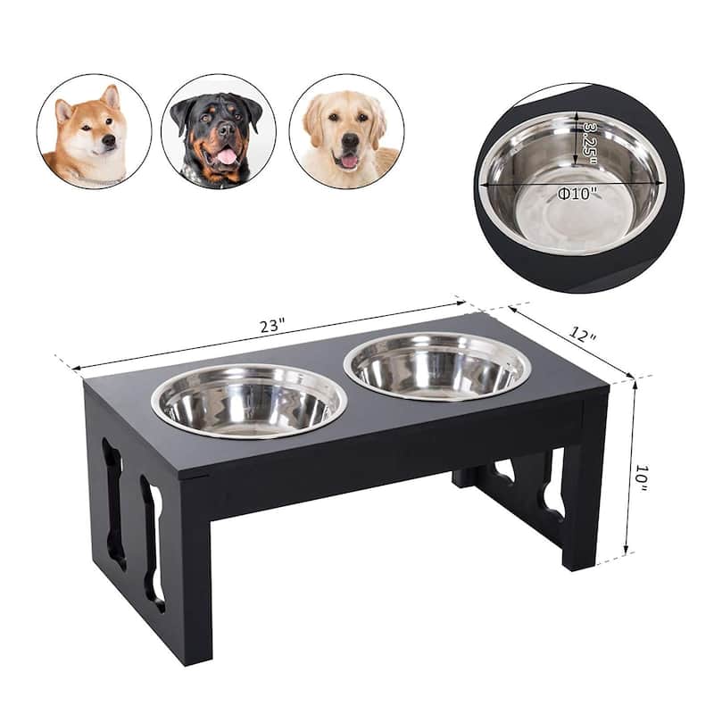 PawHut 23" Modern Decorative Dog Bone Wooden Heavy Duty Pet Food Bowl Elevated Feeding Station - Black