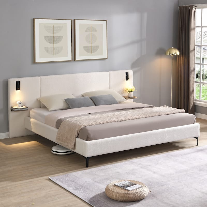 Linen Upholstered Frame Wingback Bed Built-in Lights and Shelves