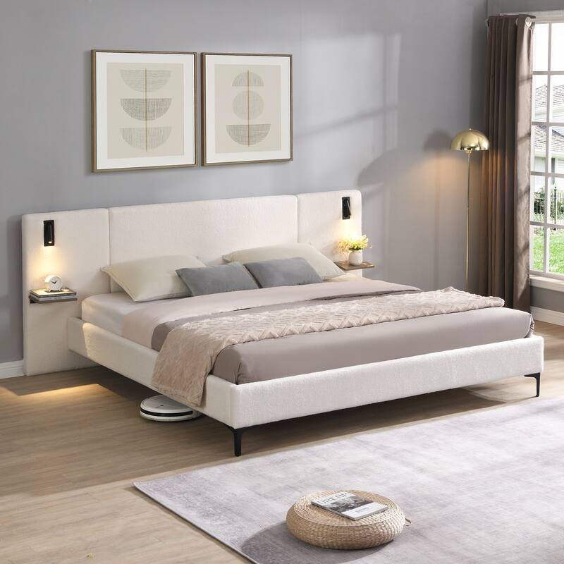 Platform Bed Frame with Integrated Lights, Upholstered Bed Frame with Headboard, Wood Slat Support, No Box Spring Needed