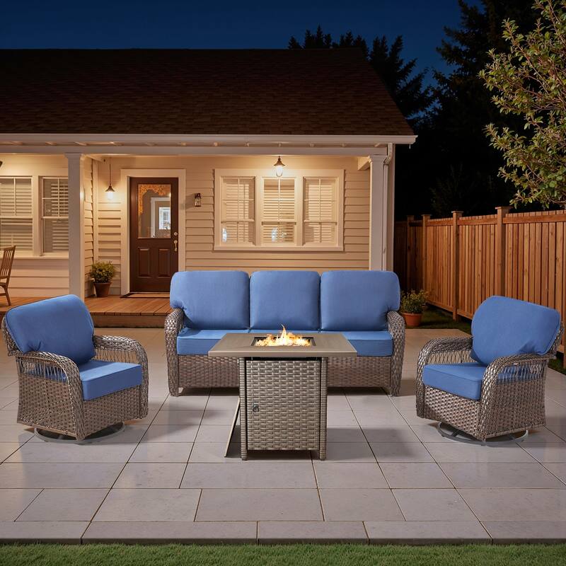 Pocassy Outdoor Sofa Ottoman Swivel Chair Table with Fire Table Set. - Brown Wicker Blue Cushion - 4-Piece Sofa Swivel Chair w/ Fie Pit Table