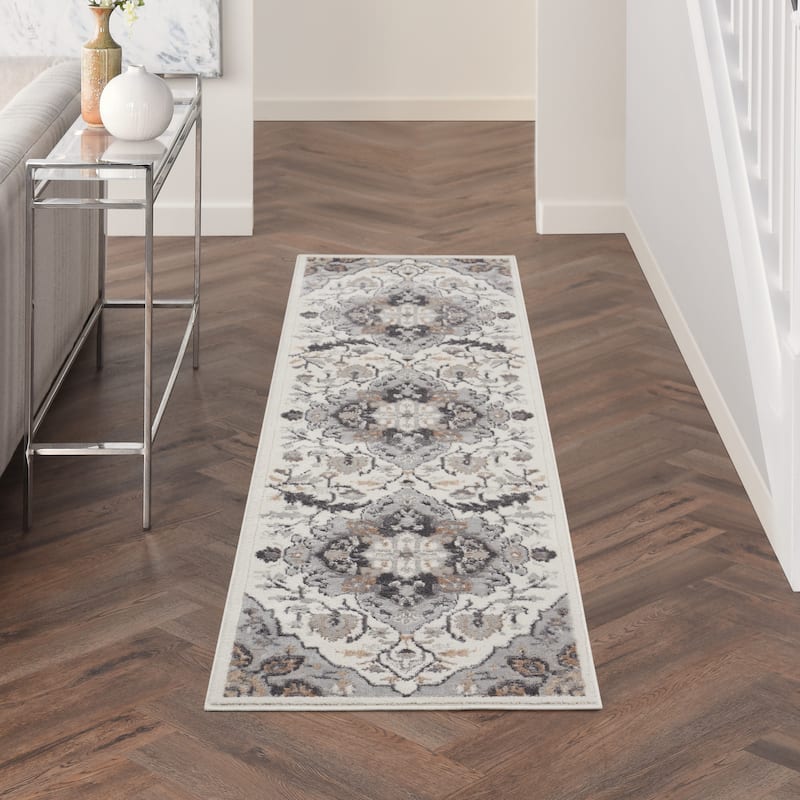 Nourison Elation Persian Floral Medallion Area Rug - 2'3" x 7'6" Runner - Ivory/Grey - Rectangle
