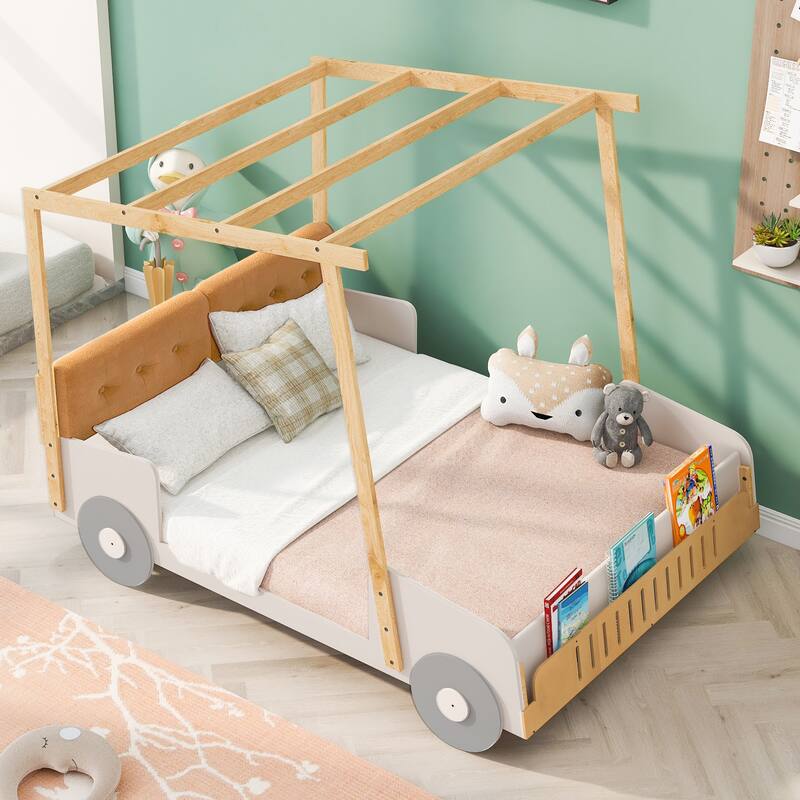Wood Twin/Full Size Car Bed with Pillow, Ceiling Cloth