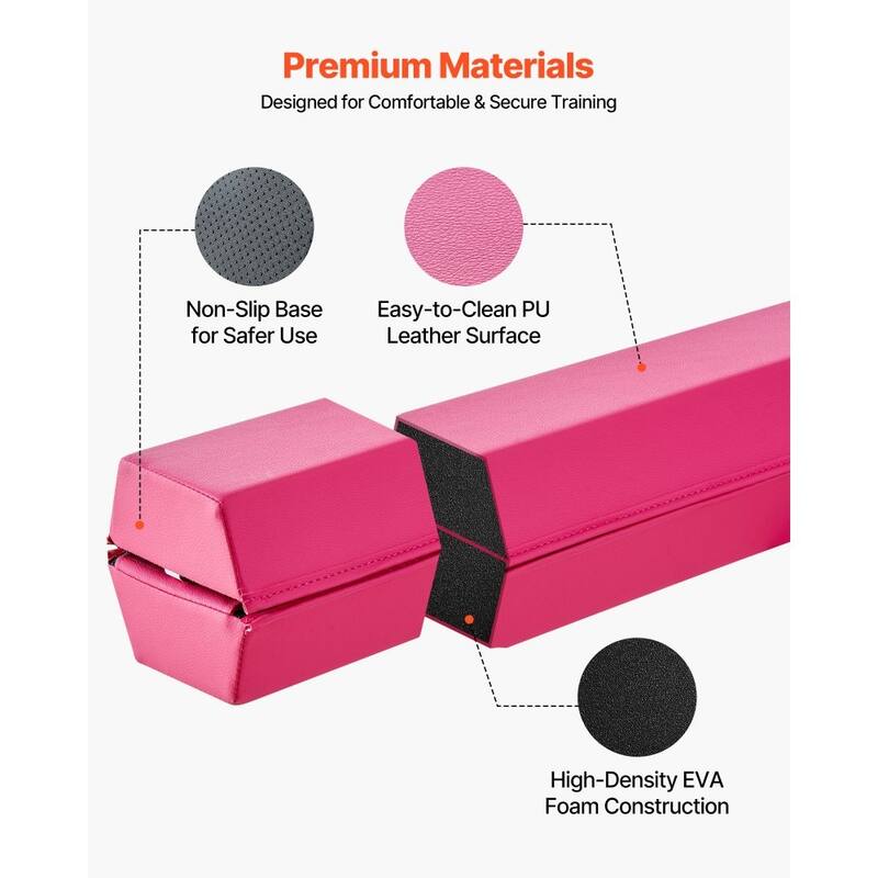 Pink Foldable 8ft Kids Balance Beam with EVA Mat, Wood Core and Portable Storage Bag - 46.25 x 6.2 x 5 in