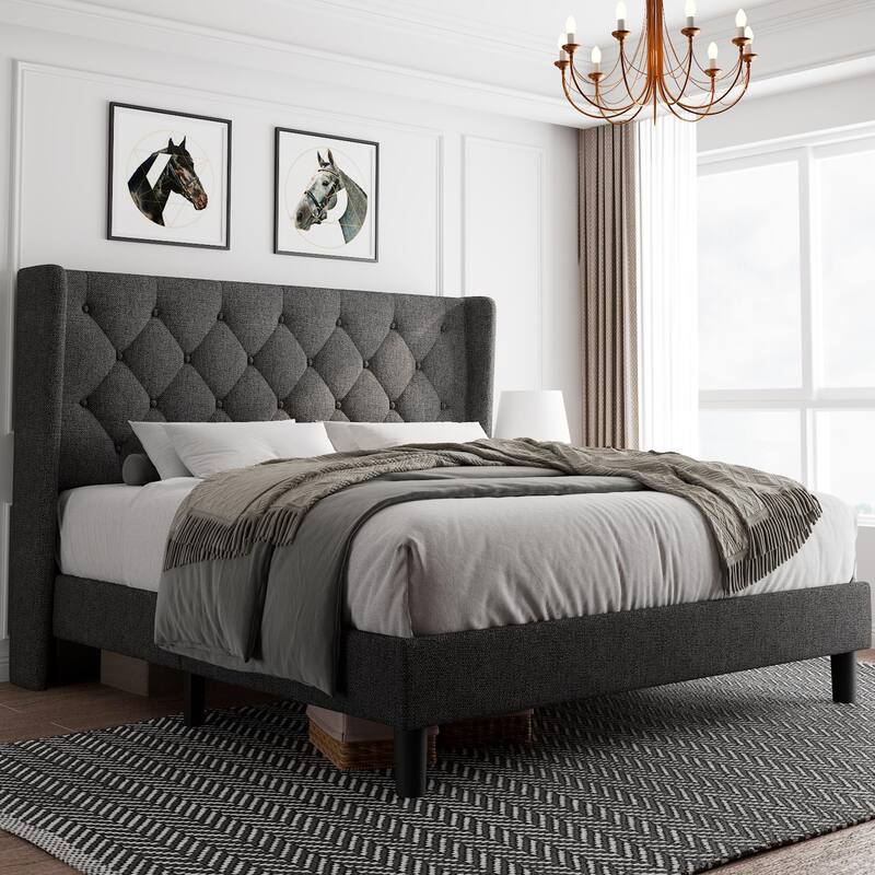 Full Bed Frame with Upholstered Wingback, Platform Bed Frame with Diamond Button Tufted Headboard, Under-Bed Space, Wooden Slats