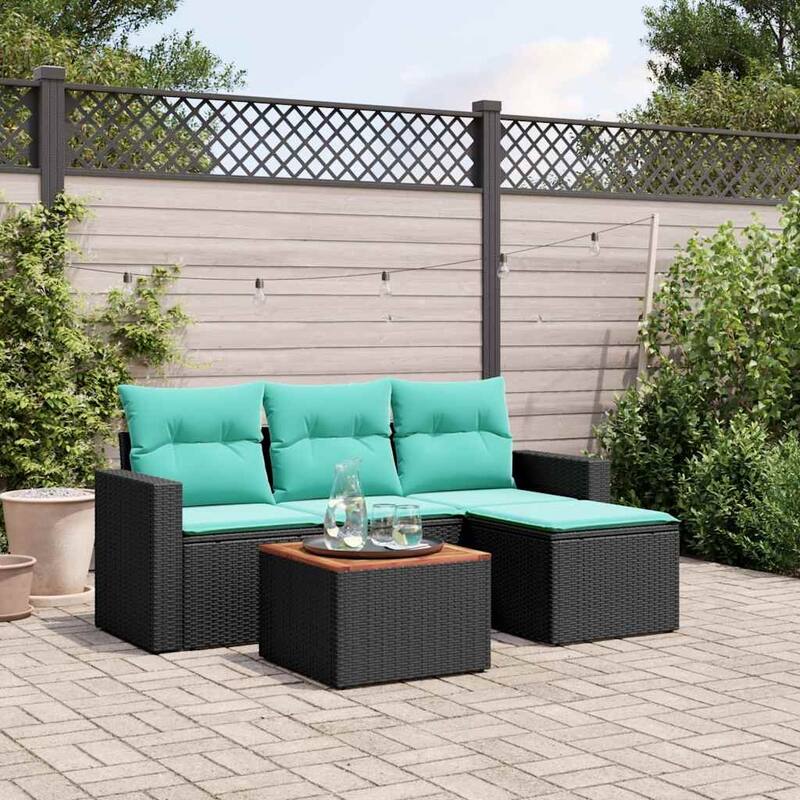 vidaXL 5 Piece Patio Sofa Set with Cushions Black Poly Rattan - 21.7 x 24.4 x 27.2