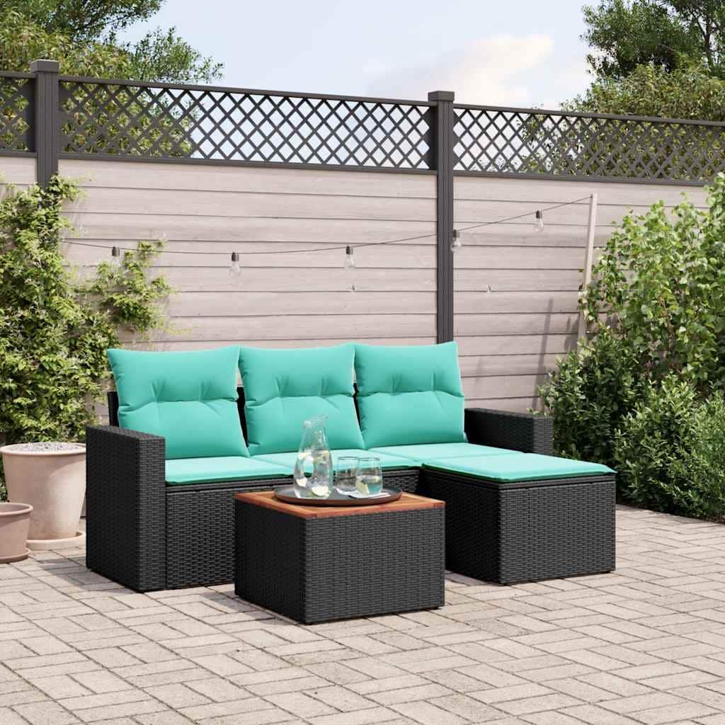 vidaXL 5 Piece Patio Sofa Set with Cushions Black Poly Rattan - 21.7 x 24.4 x 27.2