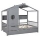 preview thumbnail 32 of 50, Pine Wood House Bed with Trundle Bed, Bookcase Bed with Storage Shlef & Roof, Semi-enclosed Design, for Kids Girls Boys