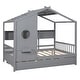 preview thumbnail 20 of 42, Twin Wooden House Bed with Trundle & Built-in Storage Shelves, Space-Saving Kids Bed Frame