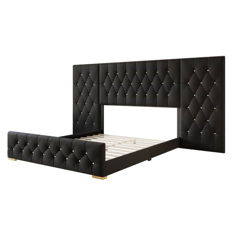 CraftPorch Luxurious Velvet Tufted Platform Bed with Wall Panels