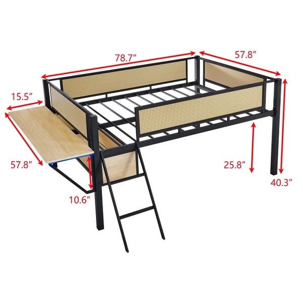Stylish & Simple Single Full metal loft bed with rectangular desk, LED lights, storage shelves, safety guard and ladder, Natural