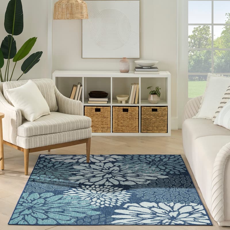 Nourison Garden Oasis Indoor/Outdoor Blue Floral Tropical Area Rug