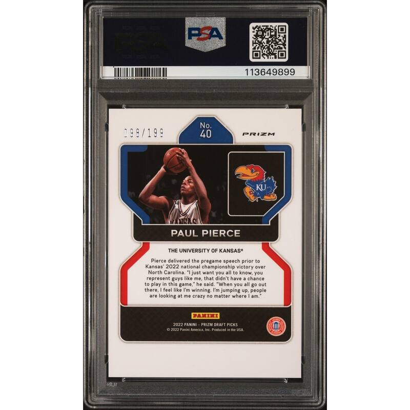 Paul Pierce 2022 Panini Prizm Blue Signed Card #40 Graded PSA 9 Auto 10 99/199 - 8' x 11'