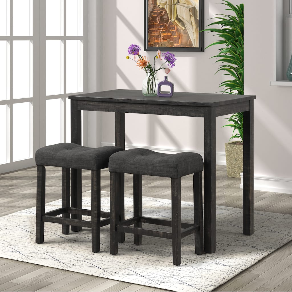 Button Tufted Saddle Stools with Footrests, Rectangular Side Table with Wooden Legs, Rustic Dining Table and Chair Set