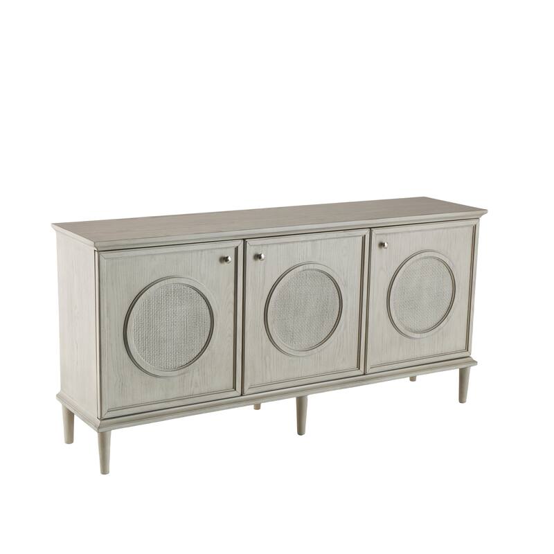 Wooden Washed Circular Woven Rattan 3 Door Sideboard with Round Silver Knobs - Light Gray - Roche River Decor