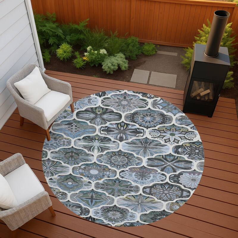 Machine Washable Indoor/ Outdoor Trellis Mosaic Chantille Rug - Blue - 8' x 8'