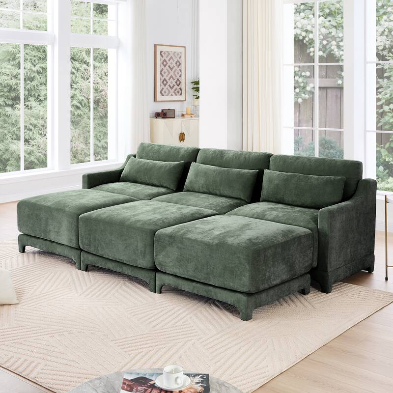 Chenille Upholstered Sofa with Lumbar Pillows - Green(3 Seat+3 Ottoman)
