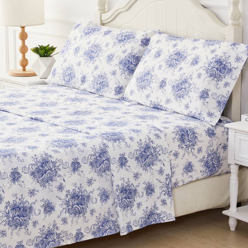 Floral Etching Cotton Sheet Set Navy Blue