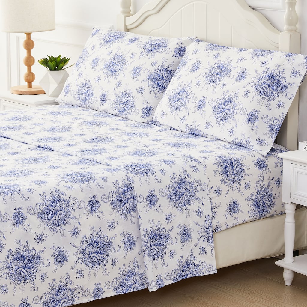 Floral Etching Cotton Sheet Set Navy Blue