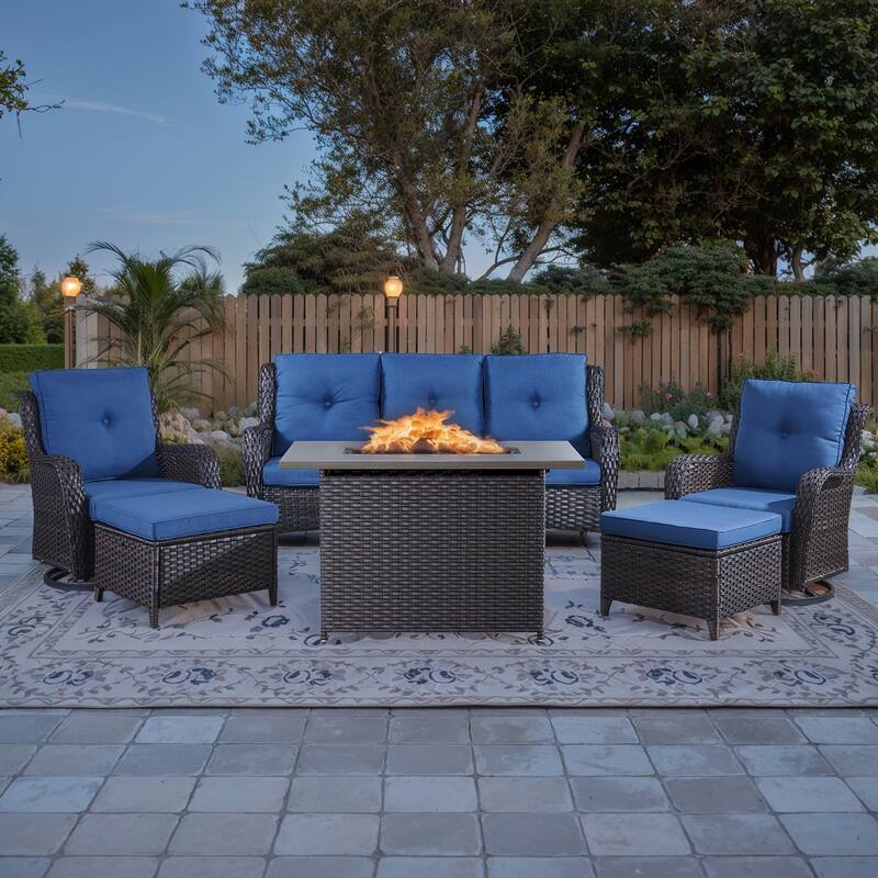 Patio Glider Chair Sofa with Fire Pit Table - Blue - Brown