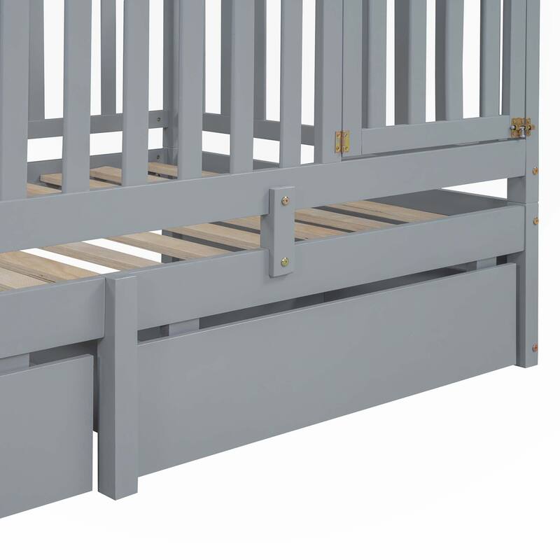 Twin Size Wood Daybed with Fence Guardrails and 2 Drawers