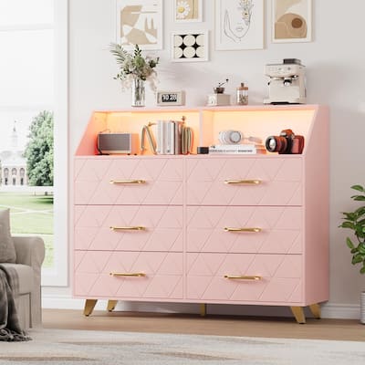 6 Drawer Dresser with Charging Station and Storage Shelf, 47" Wide Modern Wooden Chest for Bedroom