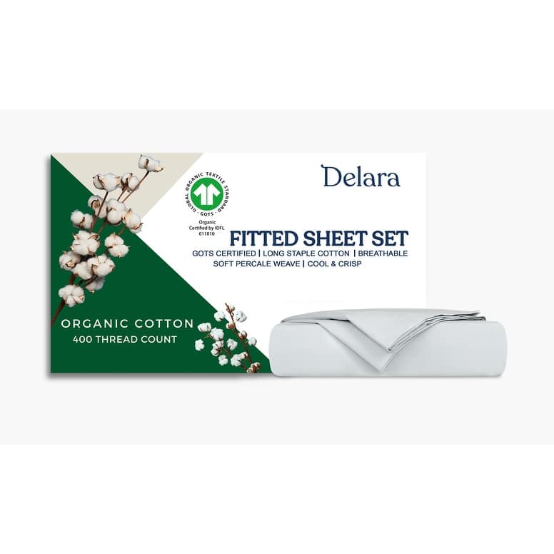 Delara GOTS Certified 100% Organic Percale Fitted Sheet Set, 400TC Long Staple Cotton, Moisture-Wicking, Smooth & Breathable