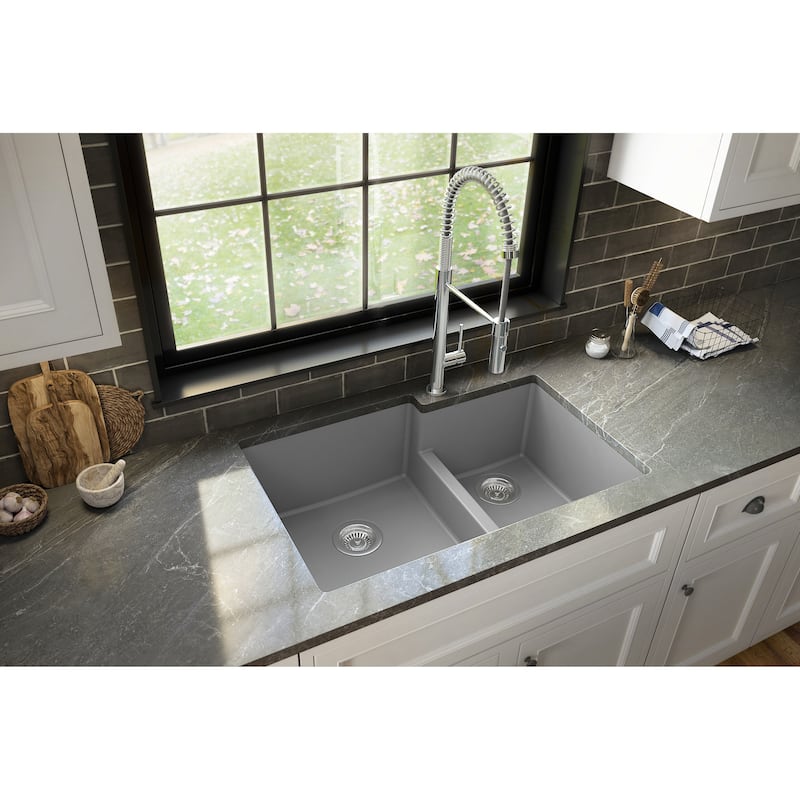 Karran 32" Undermount Large/Small Bowl Quartz Kitchen Sink Kit - 32" x 21.25" x 9"