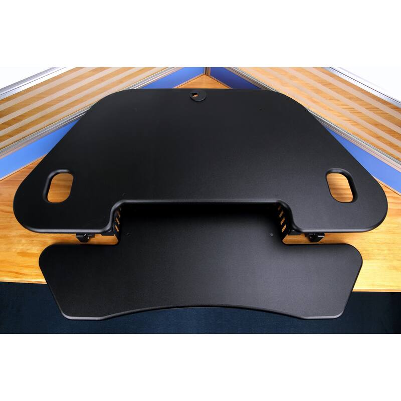 Rocelco 46 in. W Black Height Adjustable Corner Standing Desk Converter with Dual Monitor Arm Mount and Extra Keyboard Tray