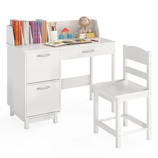 Gymax Kids Study Desk & Chair Set w/Chair 2 Storage Cabinets Drawer 4