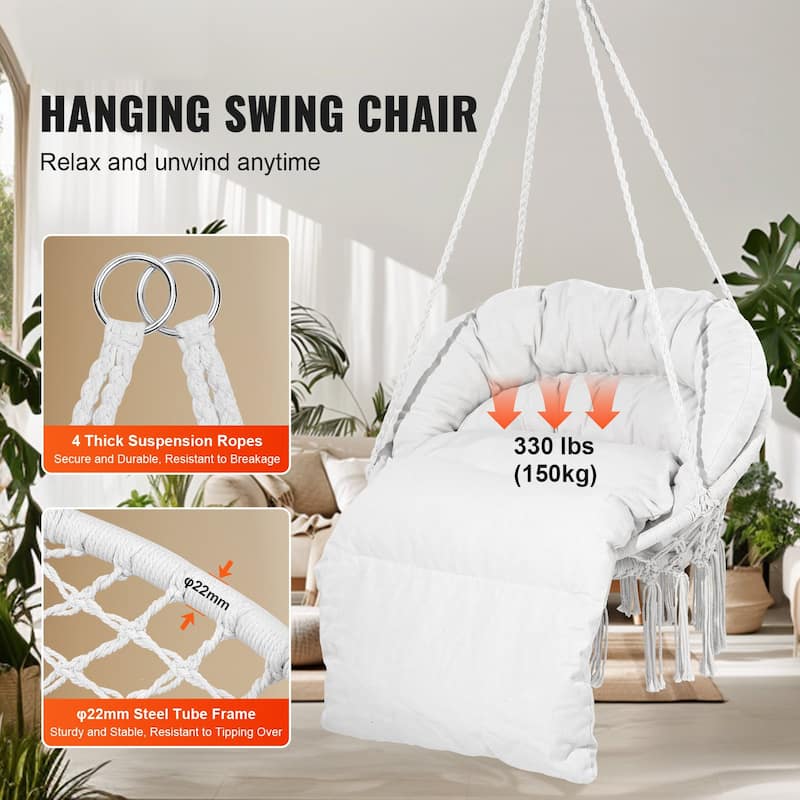 Hanging Hammock Chair with Cushion Macrame Swing for Indoor Outdoor Use - 31.5 x 24.6 x 31.5 Inch