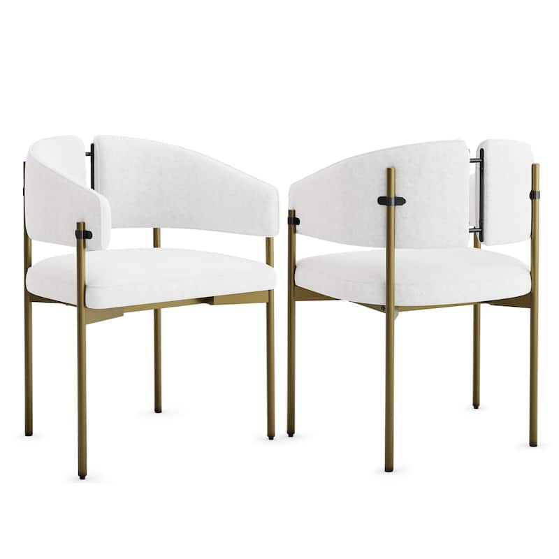 Classic and Luxurious Barrel Dining Chairs with Arms - Set of 2 - Brushed Gold and White