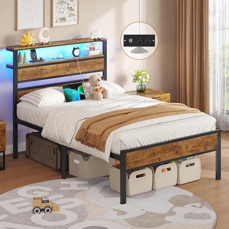 LED Bed Frame with 2 Tier Storage Headboard & Charging Station