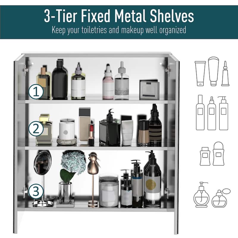 Wall-Mounted Stainless Steel Mirrored Bathroom Cabinet with 3 Shelves for Toiletries and Medicine Storage