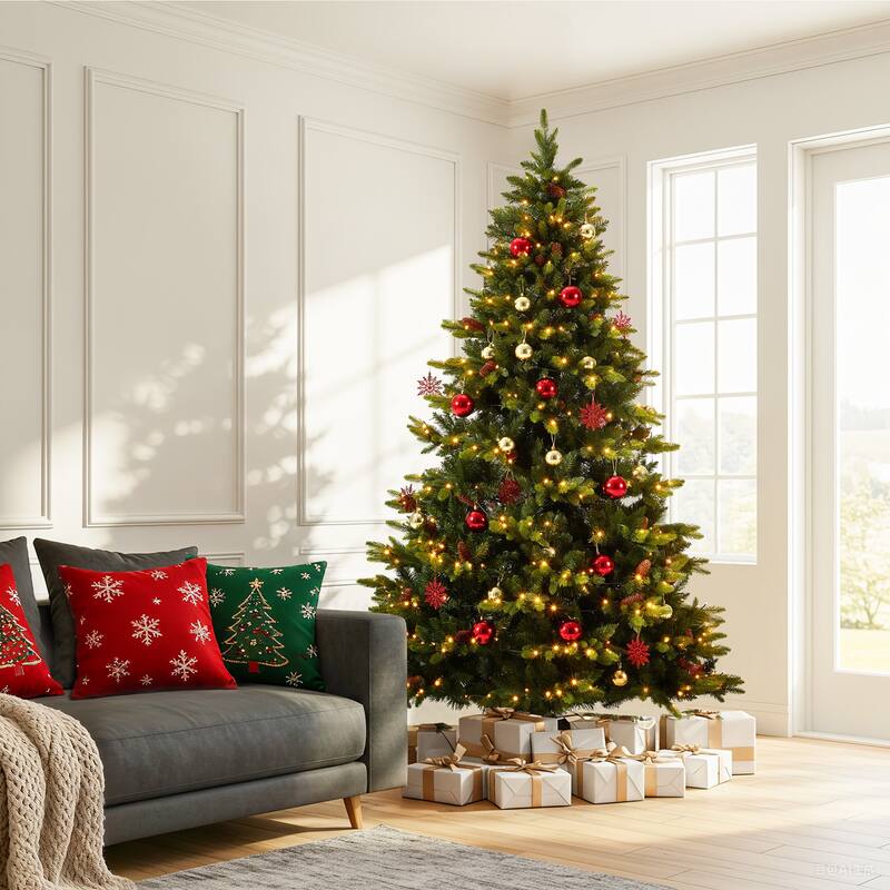 EROMMY 7.5ft Pre-lit Christmas Tree with 500 Lights, Snow Flocked Artificial Tree with Cones and Ornaments