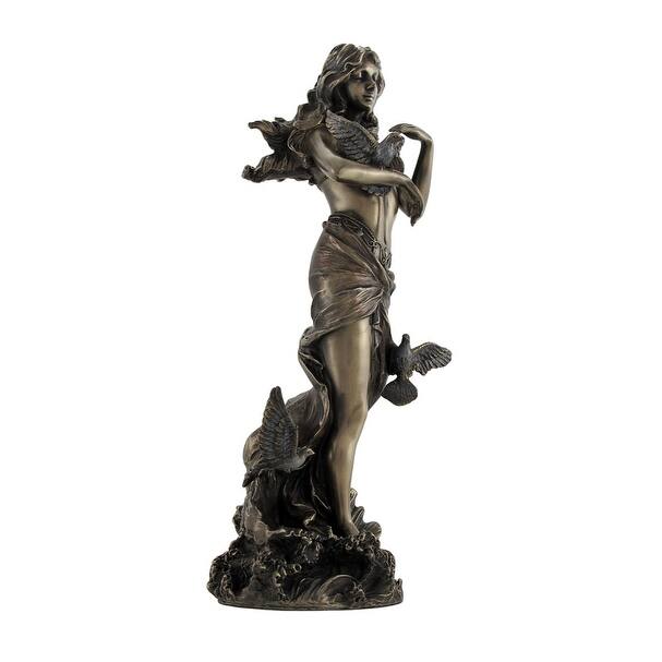 Bronzed Aphrodite With Doves On Scallop Shell Statue - 10.75 X 4.5 X 3.75 inches