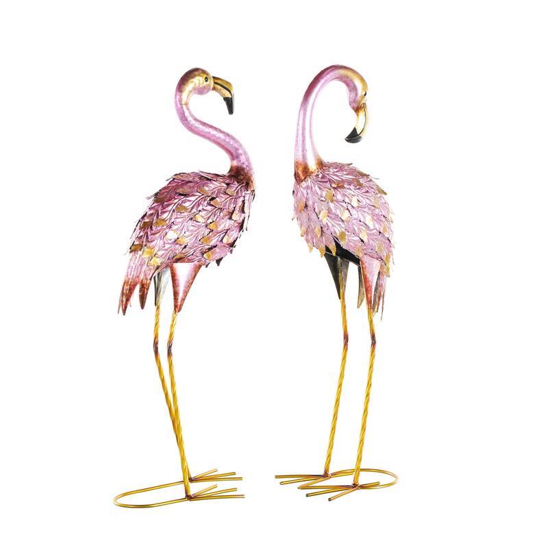 Pink Metal Flamingo Decorative Garden Sculpture with Dimensional Feathers and Gold Accents (Set of 2)