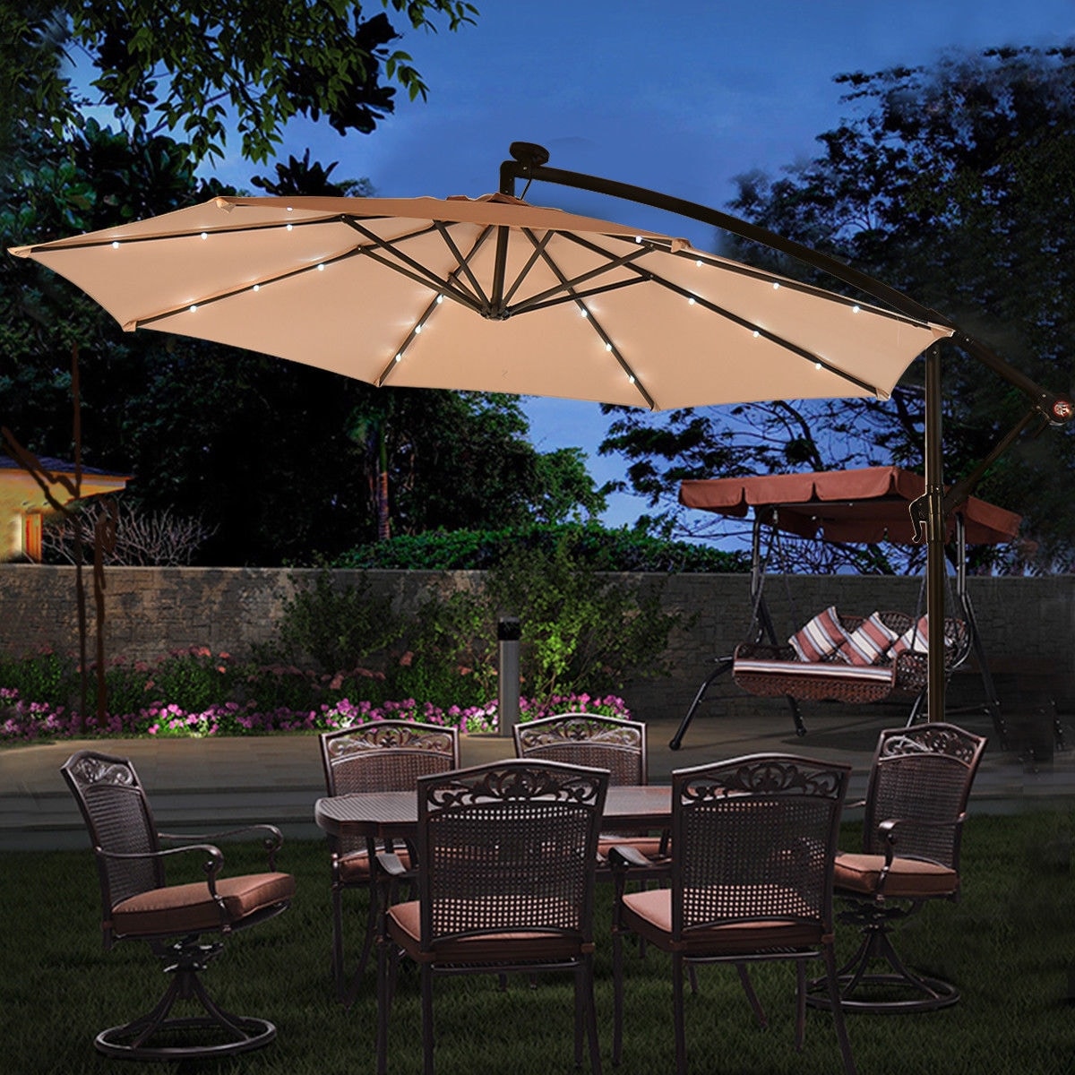 Shop Black Friday Deals On Costway 10 Patio Umbrella With Solar Power Led Lights And Base Beige Overstock 15801775
