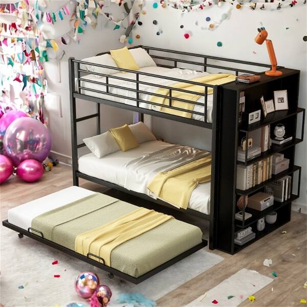 slide 2 of 12, Twin Metal Bunk Bed with Bookshelf and Trundle in Black Black