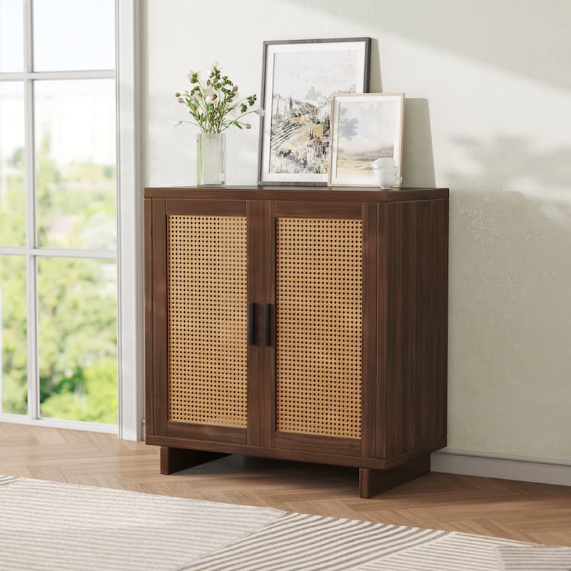 Mid-Century Modern Rattan Sideboard Storage Accent Cabinet with 2 Door - Espresso